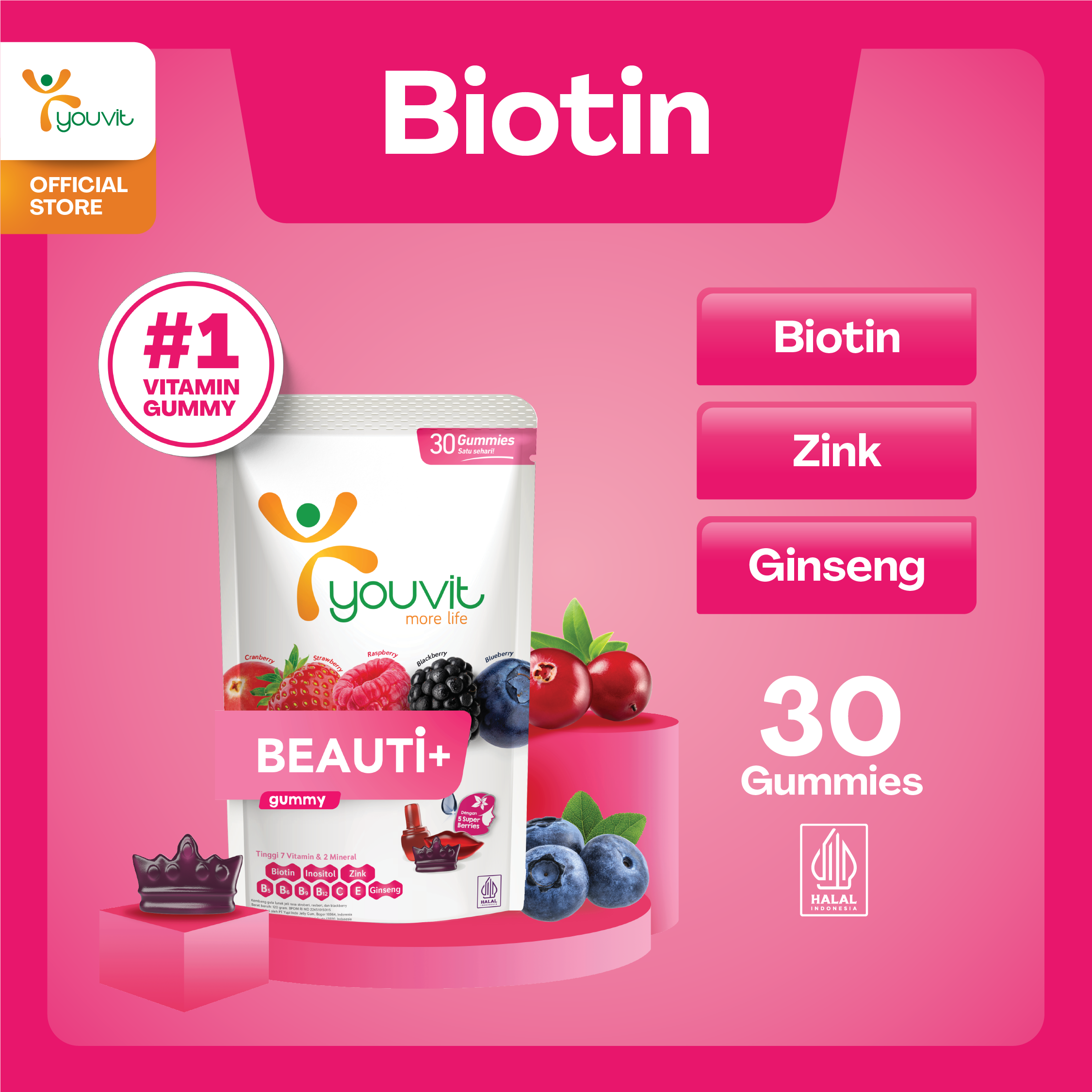 Youvit Beauti+ Biotin Gummy untuk Vitamin Rambut Rontok