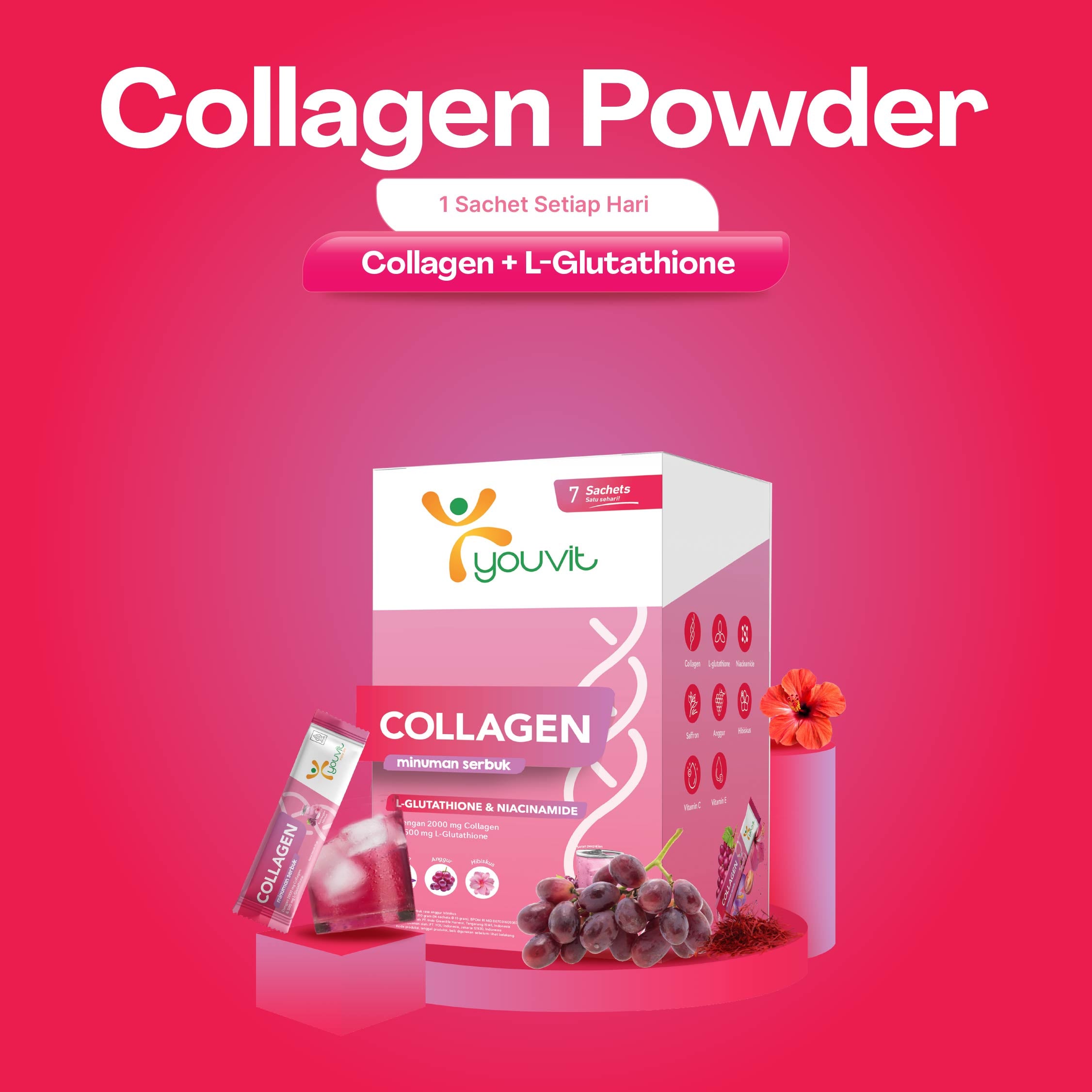 Youvit Collagen Minuman Serbuk dengan L-Glutathione & Niacinamide untu